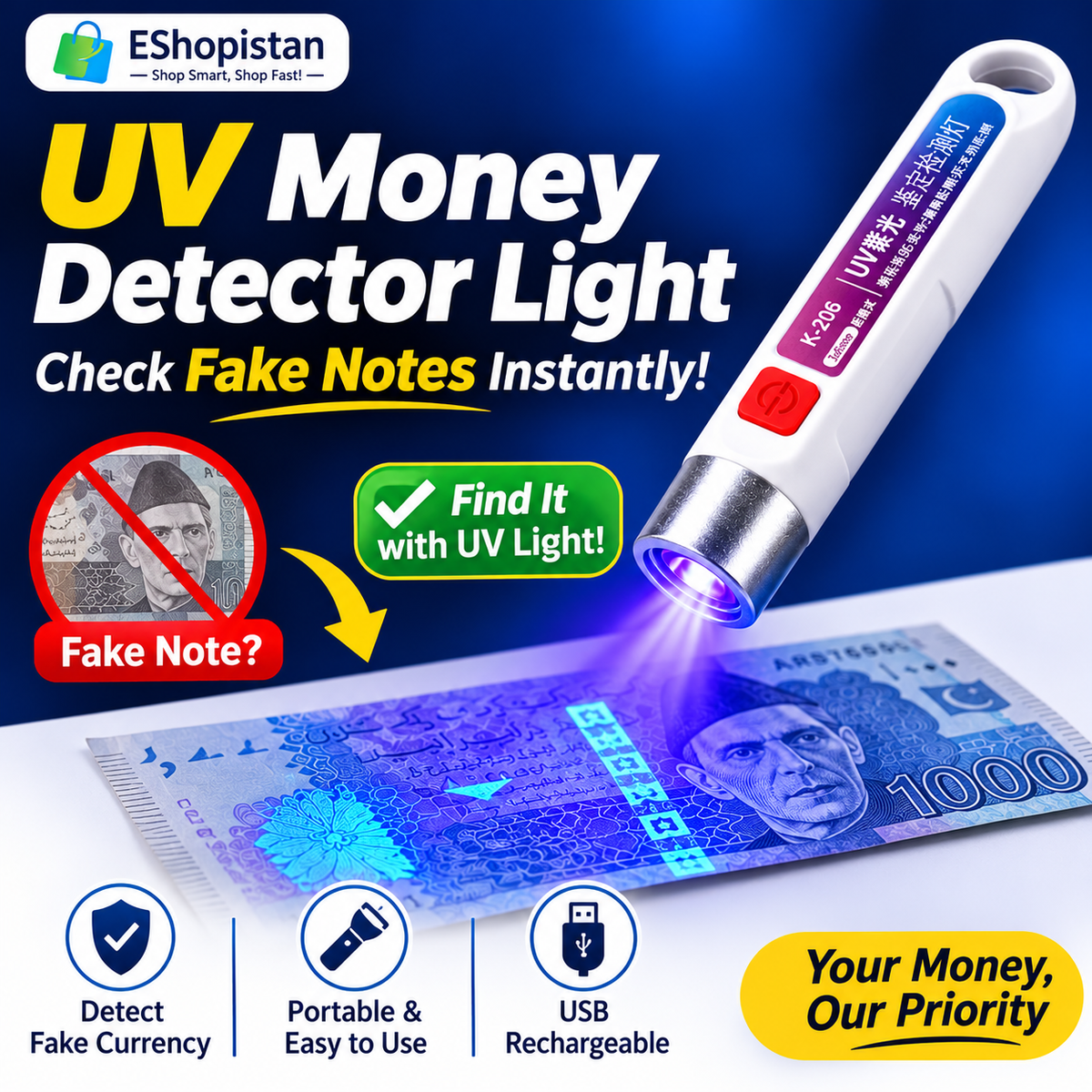 Rechargeable UV Money Detector Light – Fake Note Checker