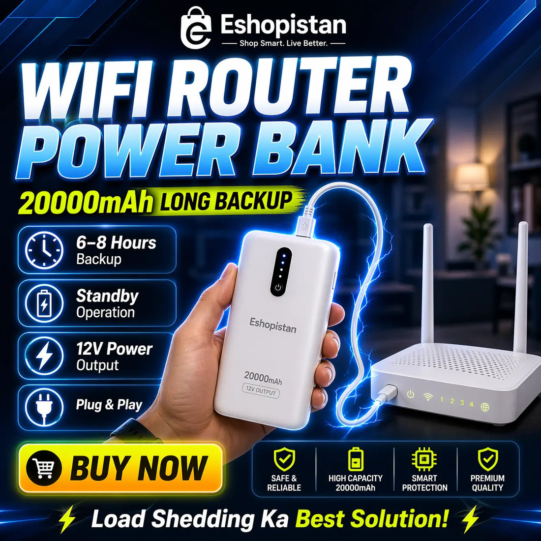 20,000 MAh   12V-Wifi Router Power Bank (8-10hrs Battery Time)