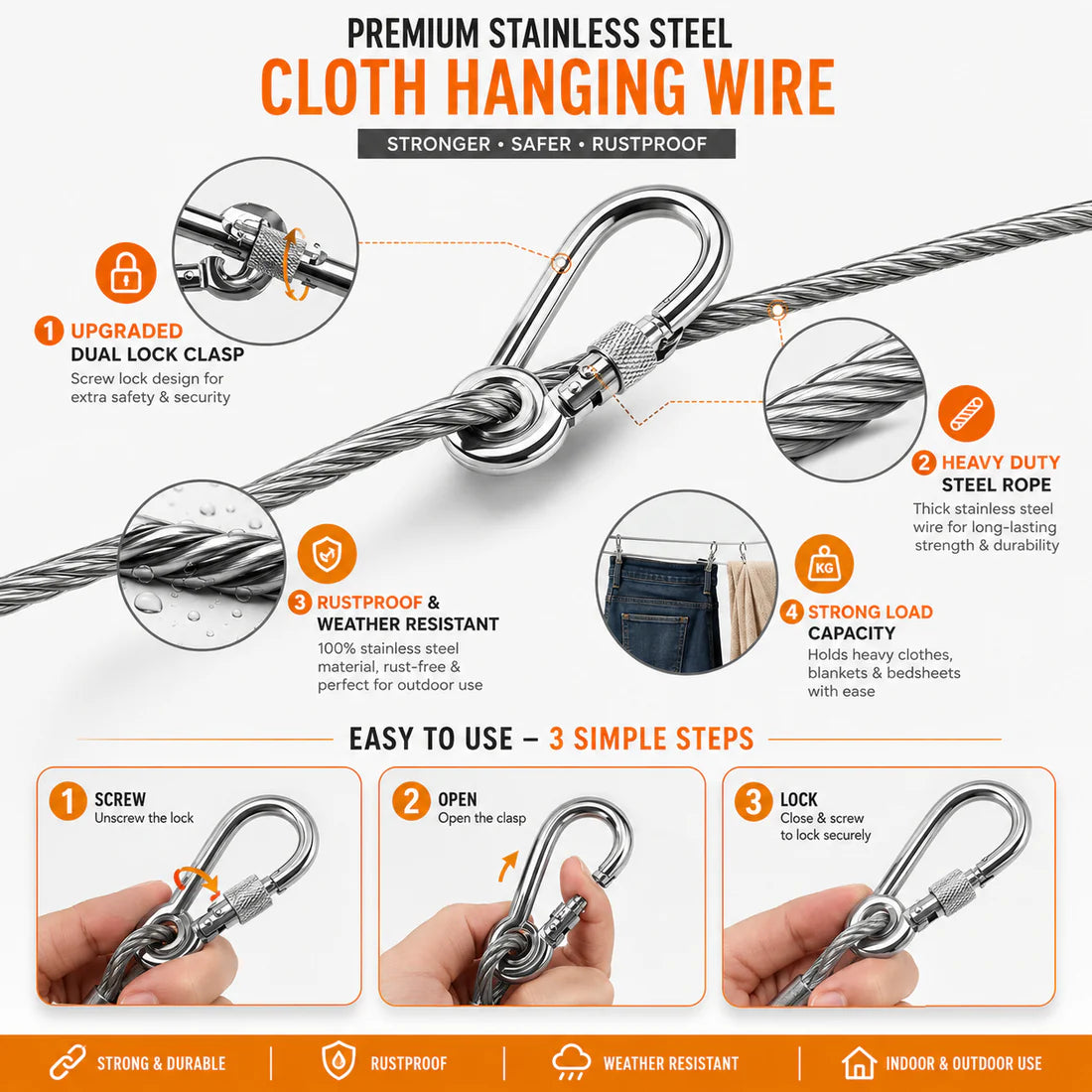 Stainless Steel PVC Coated Clothesline Cable with Hooks | اب کپڑے سکھانا ہوا  آسان